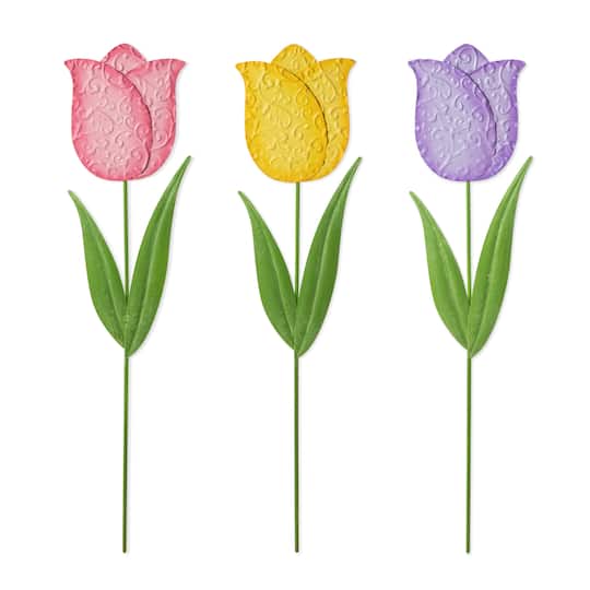 Glitzhome; Glitzhome® 24" Easter Metal Tulips Yard Stake Set; Category:Outdoor Easter Decorations; Image:1